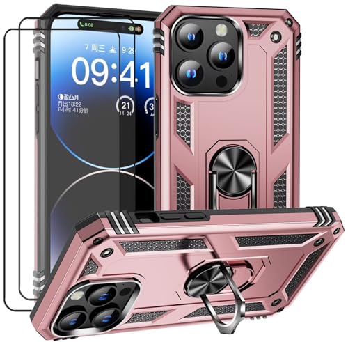 CLYDITE Hülle für iPhone 15 Pro max handyHülle mit Schutzglas Panzerfolie (2er) 360 Grad RingHalter Ständer Robust Armor Rüstung Silikon Schutzhülle Bumper Case Rosé Gold von CLYDITE