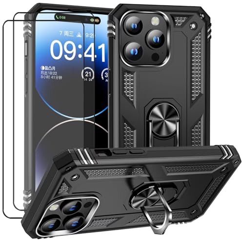 CLYDITE Hülle für iPhone 15 Pro max handyHülle mit Schutzglas Panzerfolie (2er) 360 Grad RingHalter Ständer Robust Armor Rüstung Silikon Schutzhülle Bumper Case Schwarz von CLYDITE