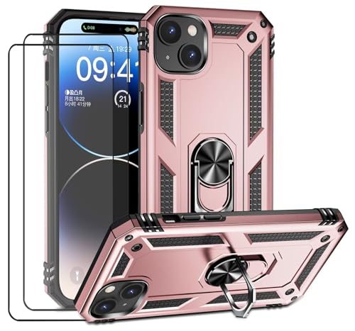 CLYDITE Hülle für iPhone 15 handyHülle mit Schutzglas Panzerfolie (2er) 360 Grad RingHalter Ständer Robust Armor Rüstung Silikon Schutzhülle Bumper Case Rosé Gold von CLYDITE