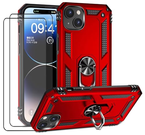 CLYDITE Hülle für iPhone 15 handyHülle mit Schutzglas Panzerfolie (2er) 360 Grad RingHalter Ständer Robust Armor Rüstung Silikon Schutzhülle Bumper Case Rote von CLYDITE
