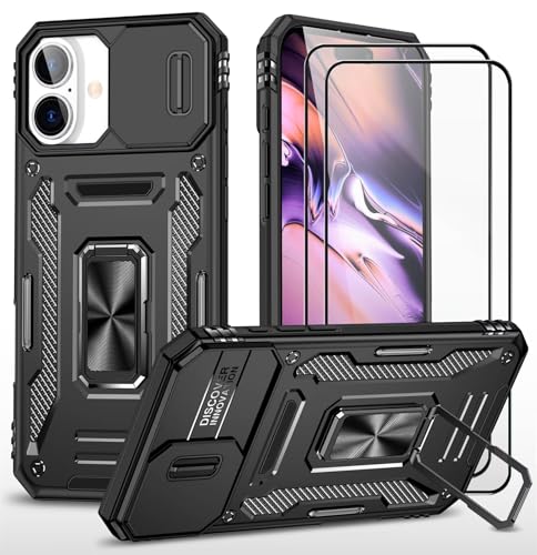 CLYDITE Hülle für iPhone 16 handyHülle mit Slide Camera Gehärtetes Glas Schutzfolie [2 Stück] Schützen Ständer Silikon Rüstung Hardcase Stoßfeste Hüllen-Schwarz von CLYDITE