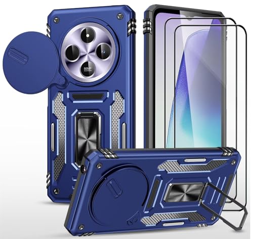 CLYDITE Hülle für xiaomi Redmi 14C handyHülle mit Slide Camera Gehärtetes Glas Schutzfolie [2 Stück] Schützen Ständer Silikon Rüstung Hardcase Stoßfeste Hüllen-Blau von CLYDITE