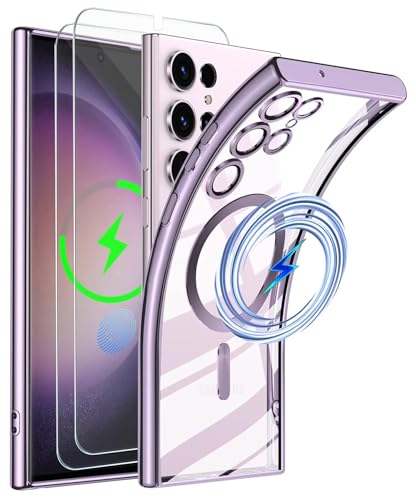 CLYDITE Magnetisch Hülle für Samsung Galaxy S24 Ultra Kompatibel mit MagSafe Gehärtetes Glas Schutzfolie [2 Stück] Integriert Kameraschutz Glas Schützen Klares Silikon Stoßfeste Hüllen-Lila von CLYDITE