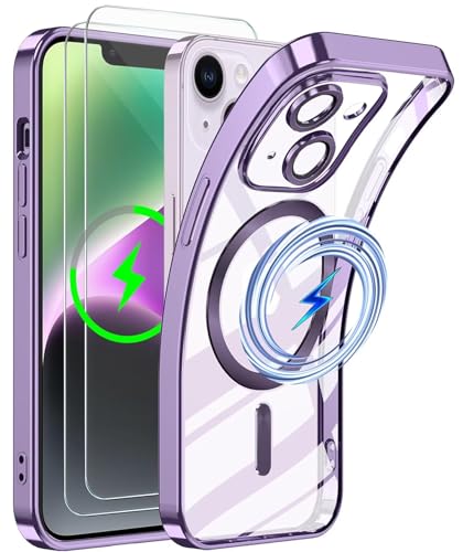CLYDITE Magnetisch Hülle für iPhone 14 Plus 6,7 Zoll Kompatibel mit MagSafe Gehärtetes Glas Schutzfolie [2 Stück] Integriert Kameraschutz Glas Schützen Klares Silikon Stoßfeste Hüllen-Lila von CLYDITE