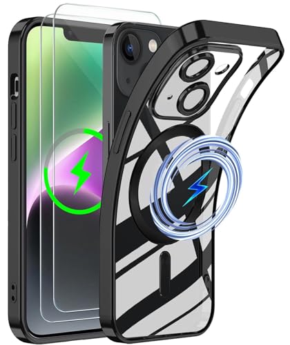 CLYDITE Magnetisch Hülle für iPhone 14 Plus 6,7 Zoll Kompatibel mit MagSafe Gehärtetes Glas Schutzfolie [2 Stück] Integriert Kameraschutz Glas Schützen Klares Silikon Stoßfeste Hüllen-Schwarz von CLYDITE