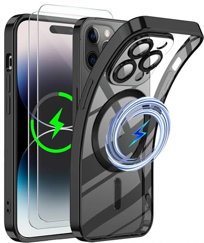 CLYDITE Magnetisch Hülle für iPhone 14 Pro Max 6,7 Zoll Kompatibel mit MagSafe Gehärtetes Glas Schutzfolie [2 Stück] Integriert Kameraschutz Glas Schützen Klares Silikon Stoßfeste Hüllen-Schwarz von CLYDITE