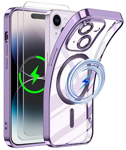 CLYDITE Magnetisch Hülle für iPhone 15 6,1 Zoll Kompatibel mit MagSafe Gehärtetes Glas Schutzfolie [2 Stück] Integriert Kameraschutz Glas Schützen Klares Silikon Stoßfeste Hüllen-Lila von CLYDITE
