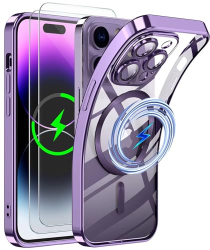 CLYDITE Magnetisch Hülle für iPhone 15 Pro Max 6,7 Zoll Kompatibel mit MagSafe Gehärtetes Glas Schutzfolie [2 Stück] Integriert Kameraschutz Glas Schützen Klares Silikon Stoßfeste Hüllen-Lila von CLYDITE