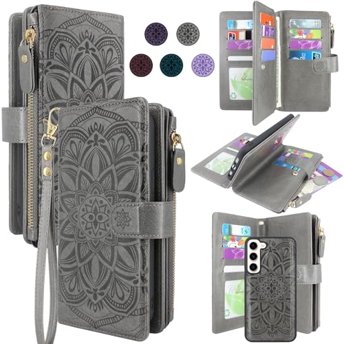 CMIDUS Kompatibel mit Samsung Galaxy S23 5G Wallet Case mit [12 Kartenfächern] Abnehmbare Handyhülle Bargeld Münze Reißverschlusstasche Handschlaufe (Floral Grey) von CMIDUS