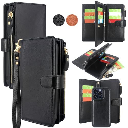 CMIDUS Kompatibel mit iPhone 15 Pro Wallet Case mit RFID-blockierenden Kartenfächern, abnehmbar, abnehmbare Handyabdeckung, Bargeld, Münzen, Reißverschlusstasche, Handgelenkschlaufe für iPhone 15 Pro von CMIDUS