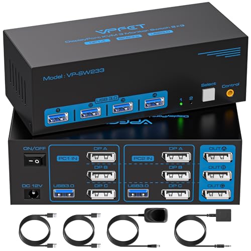 8K@60Hz Displayport KVM Switch 2 PC 3 Monitore USB 3.0 KVM Umschalter 3 Ports mit 4 USB-Anschlüssen Für 2 Computer Unterstützung von Extended & Copy Mode mit Desktop Kabel Controller und 2 USB-Kabeln von CMSTEDCD