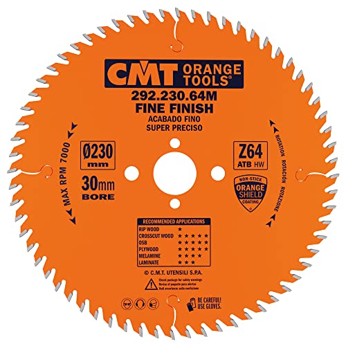 CMT Orange Tools Kreissägeblatt Feinschnitt HW 230 x 2,8 / 1,8 x 30 Z=64 15° ATB - 292.230.64M - für Querschnitte von CMT Orange Tools