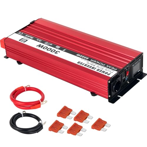 CNCEJIA 3000W Wechselrichter 12v auf 230v Spannungswandler Reiner Sinus Wechselrichter mit USB Anschlüsse und LCD Bildschirm für Haushaltsgeräte Auto Wohnmobil (Rosa) von CNCEJIA