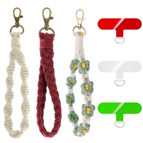 CNYMANY 3 Sets Boho Telefon Lanyards mit Halteschlaufen, Makramee Telefon Armbänder, Armband Schlüsselanhänger, Anti- Verlust Telefonkette von CNYMANY