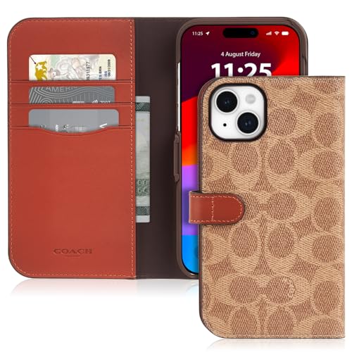 Coach Signature Canvas Zweiteilige abnehmbare Brieftaschen-Schutzhülle für iPhone 15 Plus, kompatibel mit kabellosem Laden, Signature Tan von COACH