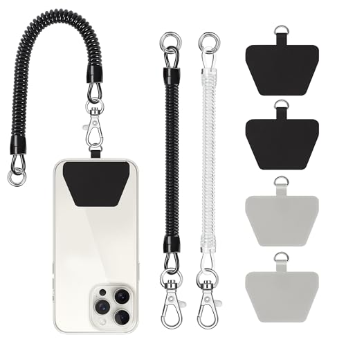 COCASES 2er Handykette mit flexiblem Spiralkabel, universale Lanyard Schlüsselband Schlüsselanhänger kompatibel mit iPhone/Samsung/Huawei(2 Einlagen, Durchsichtig/Schwarz) von COCASES