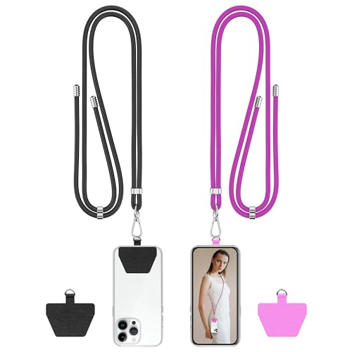 COCASES Handykette Universal zum Umhängen- 2 Stück Handyband aus Nylon kompatibel mit jeden Smartphones, Handy Kette Umhängenband mit Kordel (Schwarz/Violett) von COCASES