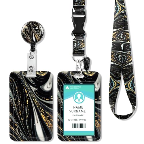 ID Ausweishalter mit Lanyard, Einziehbarer Schlüsselband Ausweishalter, Ausweishülle mit Band Schlüsselanhänger für Personalausweis, Studentenausweis, Kreditkarten (Marble Black) von COCHIE