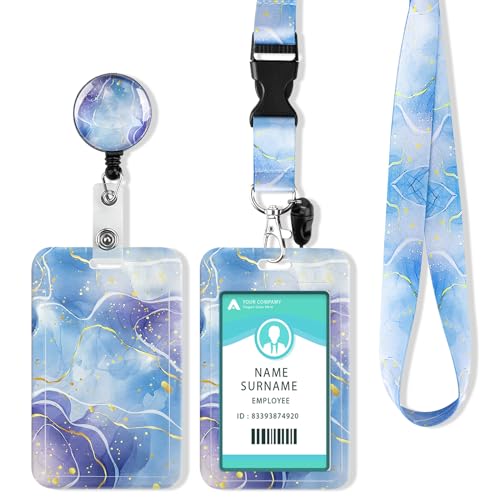 ID Ausweishalter mit Lanyard, Einziehbarer Schlüsselband Ausweishalter, Ausweishülle mit Band Schlüsselanhänger für Personalausweis, Studentenausweis, Kreditkarten (Marble Blue) von COCHIE