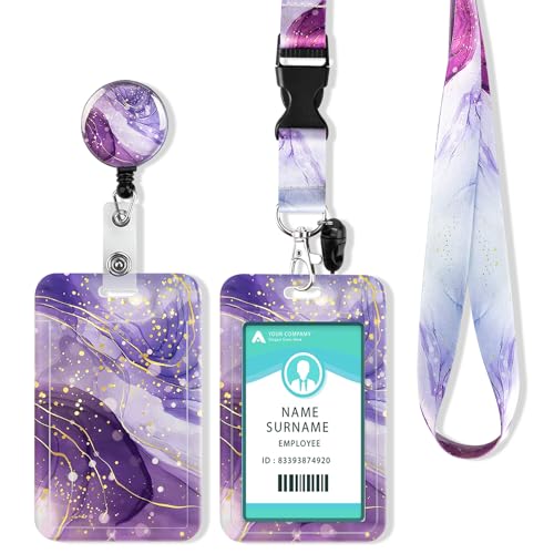 ID Ausweishalter mit Lanyard, Einziehbarer Schlüsselband Ausweishalter, Ausweishülle mit Band Schlüsselanhänger für Personalausweis, Studentenausweis, Kreditkarten (Marble Purple) von COCHIE