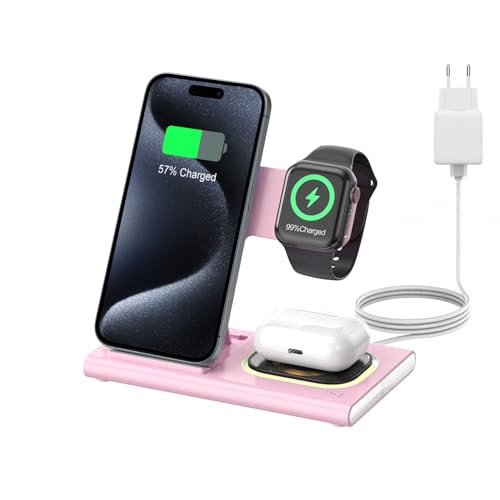 COCIVIVRE 3 in 1 Faltbar kabellose Ladestation für Apple Watch und i Phone Induktive Ladegerät kompatibel für Apple Watch 9/Ultra 2/8/7/SE 6/5/4/AirPods Pro 2/i Phone 15/15 Pro/14/13/12/11 Pro Max/XR von COCIVIVRE