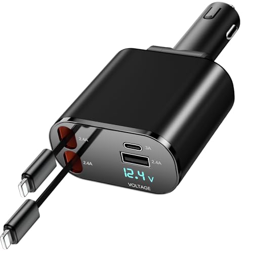 COCIVIVRE Auto Ladegerät Einziehbares,4 in 1 Retractable Car Charger 60W,USB Zigarettenanzünder Adapter,Kompatibel mit iPhone 15/14/13/12/Pro Max/Plus/Pro,Sumsung Galaxy S24/S23/S22(2 Kabel für Apple) von COCIVIVRE