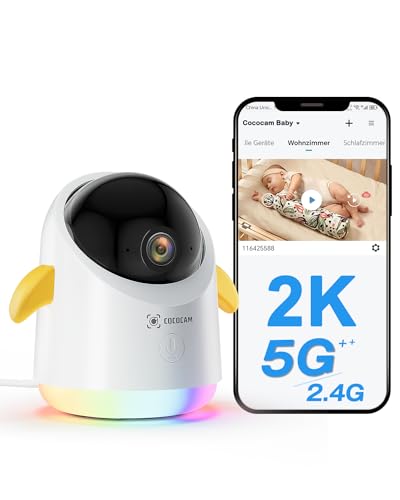 COCOCAM 2K Babyphone mit Kamera, Smartes WLAN Babyphone mit 2.4/5G, 355° Schwenken, 120° neigen, Telefon-Überwachungs-App, Spaß-Licht, KI Analyse, Schreierkennung, Temperatur-/Luftfeuchtigkeitssensor von COCOCAM