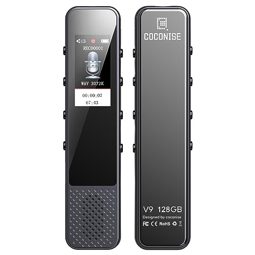 128GB Diktiergerät Digital, COCONISE 3072kbps Aufnahmegerät Mini mit MP3-Player, HD-Klangqualität, Intelligente Geräuschunterdrückung, Voice Recorder mit Sprachsteuerung Aufnahmefunktion für Vortrag von COCONISE