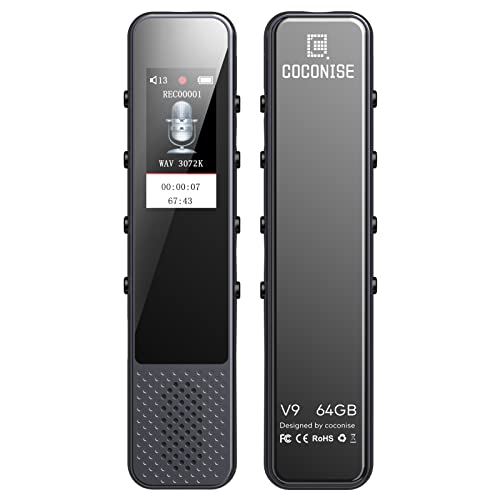 64GB Diktiergerät Digital, COCONISE 3072kbps Aufnahmegerät Mini mit MP3-Player, HD-Klangqualität, Intelligente Geräuschunterdrückung, Voice Recorder mit Sprachsteuerung Aufnahmefunktion für Vortrag von COCONISE