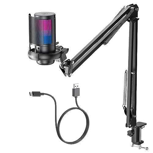 Gaming Mikrofon PC RGB mit Arm, für Streaming Podcast Studio, USB Microphone für PS4 PS5 Mac, Ein-Klick-Stummschaltung, Mit 3,5-mm-Kopfhöreranschluss,Drehregler zum Einstellen der Lautstärke von COCONISE