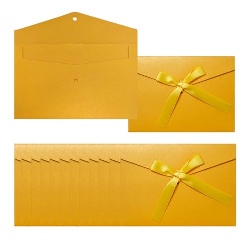 12 Stück Gold Briefumschläge mit Bändern, Karte, 17.3 * 12.2 CM Grußkarte Umschläge für Fest und Party, Geburtstag, Hochzeiten, Baby Showe Einladungen (Gelb) von CODOMOR