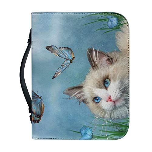 COEQINE Muppet Bibelhülle mit Katzen-Druck, Leder, wasserdicht, geschnitten, Katze, Schmetterling, bedruckt, Kirchentasche, Büchertasche, Tasche für Frauen, Größe M von COEQINE