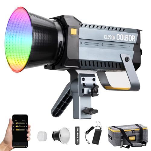 Videoleuchte,COLBOR CL220R RGB LED Video Licht,220W Dauerlicht 2700K-5600K M/G Balance COB Studio Fotografie Beleuchtung CRI97+ mit Bowens Mount APP Steuerung 13 Lichteffekte von COLBOR