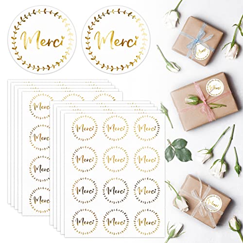 120 Stück Danke Aufkleber Etiketten Selbstklebend Merci Sticker Rund Klebeetiketten Goldfolie für Geschenke Umschlag Geschenkverpackung von COLOFALLA