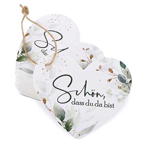 COLOFALLA 100 Stück Geschenkanhänger Hochzeit Schön dass du da bist Anhänger Etiketten Herz Eukalyptus Tags Gastgeschenke Deko Party Geschenke zum Basteln mit 10m Jute Schnur (100) von COLOFALLA