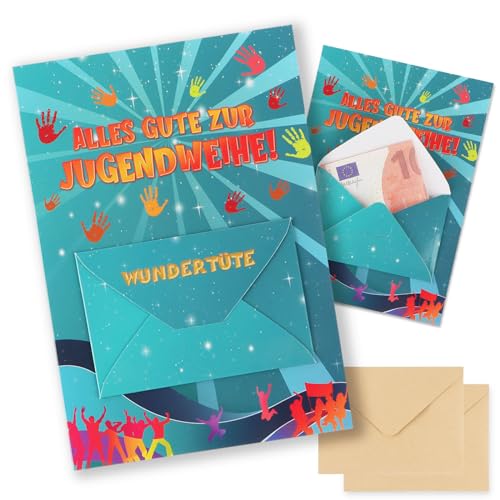 COLOFALLA 2 Stücke Karte zur Jugendweihe Karte Jugendweihe Geldgeschenke für Jungen Mädchen Wunscherfüller Jugendweihe Geschenk Alles Gute zur Jugendweihe Erwachsenwerden Karte mit Umschlag Blau von COLOFALLA