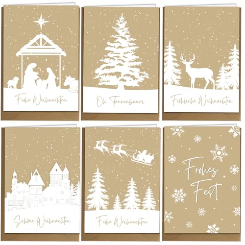 COLOFALLA 6 Stücke Weihnachtskarten mit Umschlag Set A6 Karten Weihnachten Grußkarten Tannenbaum Weihnachtsbaum Schneeflocken Schneelandschaft Hirsche für Frohe Weihnachten von COLOFALLA
