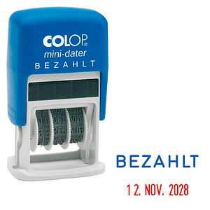 COLOP Datumstempel mit Text "Bezahlt" Mini-Dater S 160/L selbstfärbend blau rot von COLOP