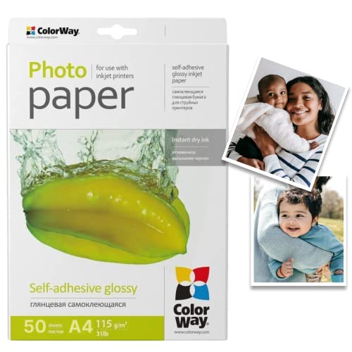 COLORWAY hoch glänzend Fotopapier Selbstklebend 50 Blatt DIN A4 115g/m² Etiketten Sofort Trocken Wasserfest für alle Tintenstrahldrucker InkJet Fotoqualität Druck von COLORWAY