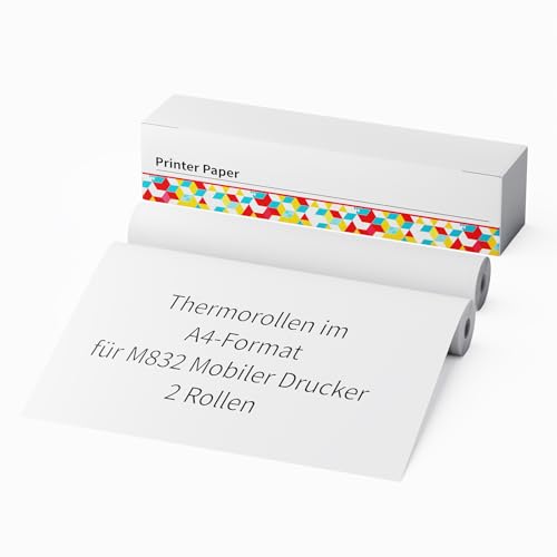 M832 Thermodruckpapier A4, Kompatibel mit M832 Mobiler Drucker, 2 Rollen, 210x297 mm BPA-freies Thermopapier, 7m/Rolle von COLORWING