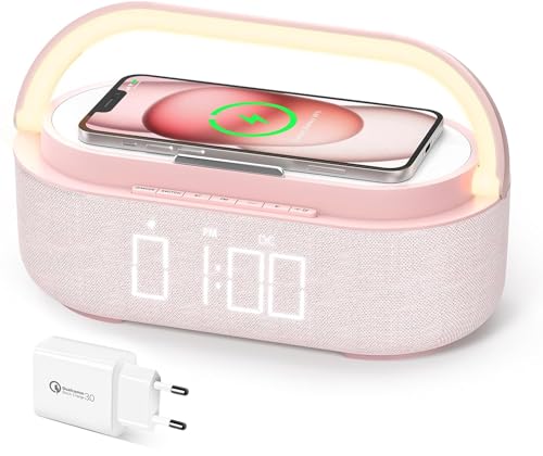 COLSUR Radiowecker Digital mit Wireless Charger, Bluetooth Lautsprecher mit USB-Ladegerät, Smart Wecker Schlummerfunktion Induktive Ladestation, Nachtlampe, Dimmbares LED-Display und Batterie-Backup von COLSUR