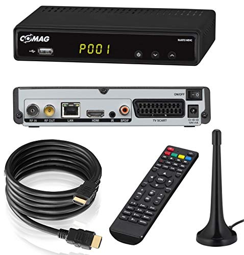 COMAG SL65T2 FullHD HEVC DVBT/T2 Receiver (H.265, HDTV, HDMI, Irdeto Zugangssystem, freenet TV, Mediaplayer, PVR Ready, USB 2.0, 12V) inkl. DVB-T2 Antenne + HDMI-Kabel, schwarz von COMAG