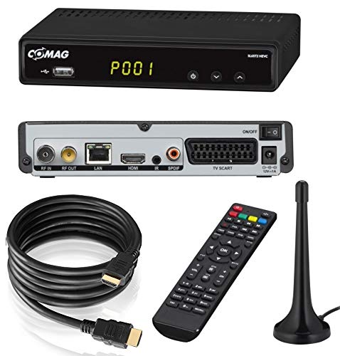 Comag SL65T2 FullHD HEVC DVBT/T2 Receiver (H.265, HDTV, HDMI, Irdeto Zugangssystem, freenet TV, Mediaplayer, PVR Ready, USB 2.0, 12V) inkl. DVB-T2 Antenne + HDMI-Kabel, schwarz von Comag