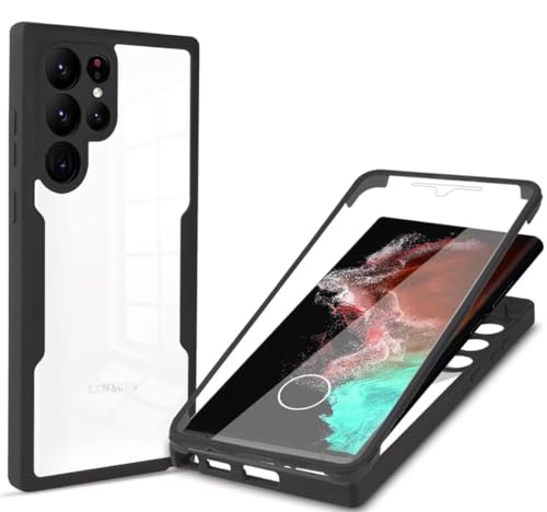 COMAKU Samsung Galaxy S24 Ultra Hülle Eingebauter displayschutz 360 Grad Rundumschutz Handyhülle, Militärischer Stoßfest TPU Bumper Schutzhülle Robuste Durchsichtige Kratzfest Case - Schwarz von COMAKU