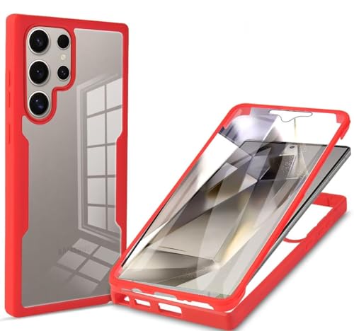 COMAKU Samsung Galaxy S25 Ultra Hülle Eingebauter displayschutz 360 Grad Rundumschutz Handyhülle, Militärischer Stoßfest TPU Bumper Schutzhülle Robuste Durchsichtige Kratzfest Case - Rot von COMAKU