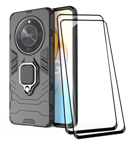 COMAKU Ultra Panzerhülle für Honor Magic 6 Lite 5G / Honor X9b, TPU+PC StoßFest Hülle mit Ring Ständer [mit 2 Stück Panzerglas Displayschutzfolie ] - Schwarz von COMAKU