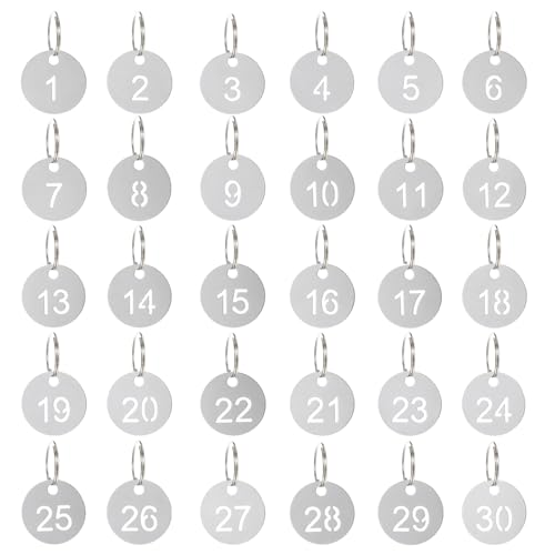 COMNICO 1–30 Nummernschilder mit Schlüsselringen Zahlenanhänger Nummerierte Anhänger aus Edelstahl Schlüsselring Metallnummernkennzeichnung für Wohnheimschlüssel und Hausschließfächer COMNICO 1–30 Nummernschilder mit Schlüsselringen Zahlenanhänger Nummerierte Anhänger aus Edelstahl Schlüsselring Metallnummernkennzeichnung für Wohnheimschlüssel und Hausschließfächer von COMNICO