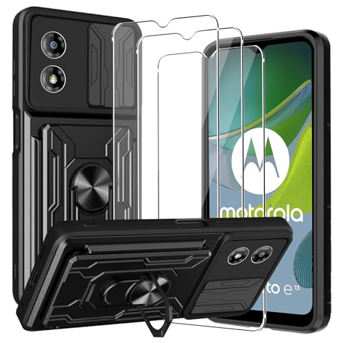 CONAPIKA Hülle für Motorola Moto E13 mit 3 Stück Schutzfolie, [Kameraschutz][360° Metall Ring Ständer][Kartenfach Slot] Hart PC Gehäuse + TPU Stoßfeste Handyhülle Anti-Kratzer Bumper Schutzhülle von CONAPIKA