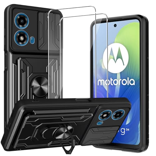 CONAPIKA Hülle für Motorola Moto G04/g04s mit 2 Schutzfolie,[Kameraschutz][360° Metall Ring Ständer][Kartenfach Slot] Hart PC+TPU Stoßfeste Handyhülle Militär Robust Anti-Kratzer Bumper Schutzhülle von CONAPIKA