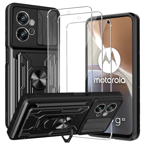 CONAPIKA Hülle für Motorola Moto G32 mit 3 Stück Schutzfolie, [Kameraschutz][360° Metall Ring Ständer][Kartenfach Slot] Hart PC Gehäuse + TPU Stoßfeste Handyhülle Anti-Kratzer Bumper Schutzhülle von CONAPIKA